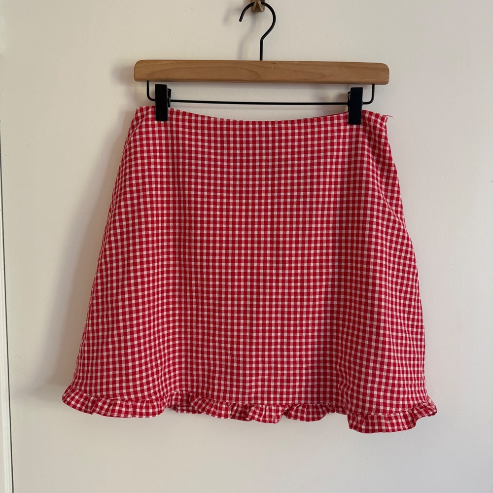 Red White Gingham Ruffle Hem Mini Skirt Large Romantic Flowy Feminine